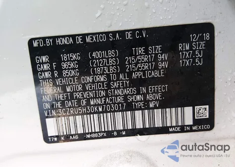 2019 Honda Hr-V Lx z USA, uszkodzony, nr VIN 3CZRU5H30KM703017